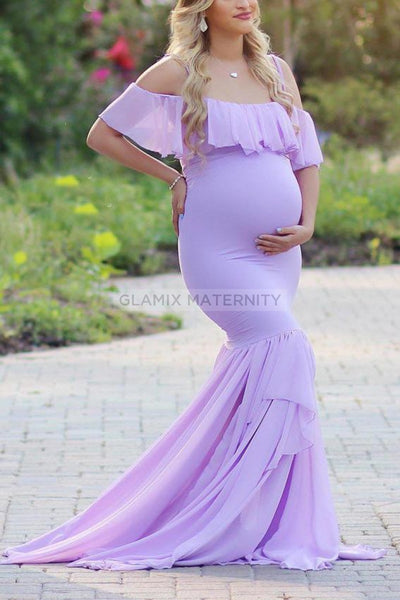 Ruffled Mermaid Maternity Spaghetti Straps Dress, Purple / XL Ruffled Mermaid Maternity Spaghetti Straps Dress, Purple / XL