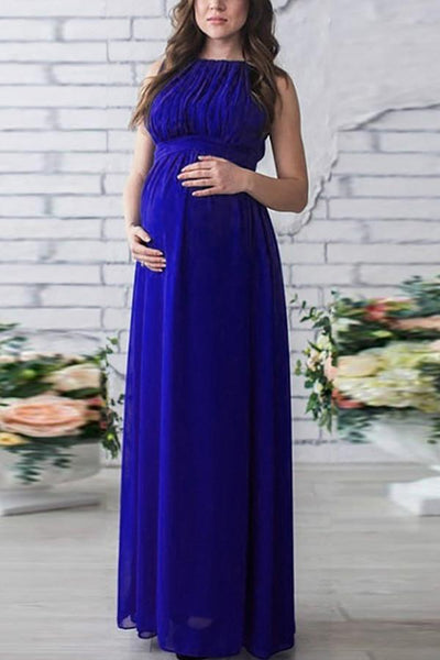 Solid Chiffon Sleeveless Maternity Maxi Dress, Royal Blue / 2XL