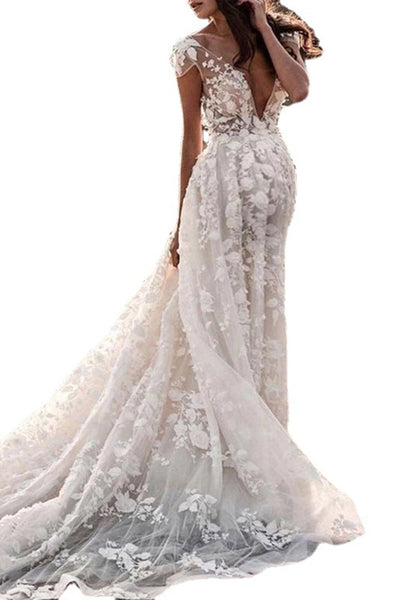 White Plus Size Plunging Lace Maternity Wedding Dress
