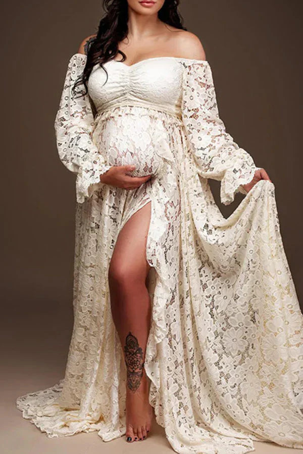 Boho Lace Maternity Photoshoot Dress: The Perfect Two Piece Sheer Pregnancy Gown for Baby Showers & Photography
