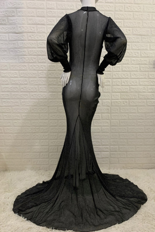 Black See-through Sparkly Puffy Sleeves Maternity Dress Glamix Maternity Black See-through Sparkly Puffy Sleeves Maternity Dress Glamix Maternity