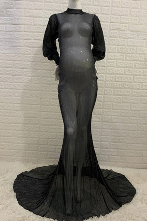 Black See-through Sparkly Puffy Sleeves Maternity Dress