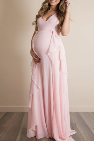 Blushing Pink Ruffled Sleeveless Maternity Photoshoot Dress