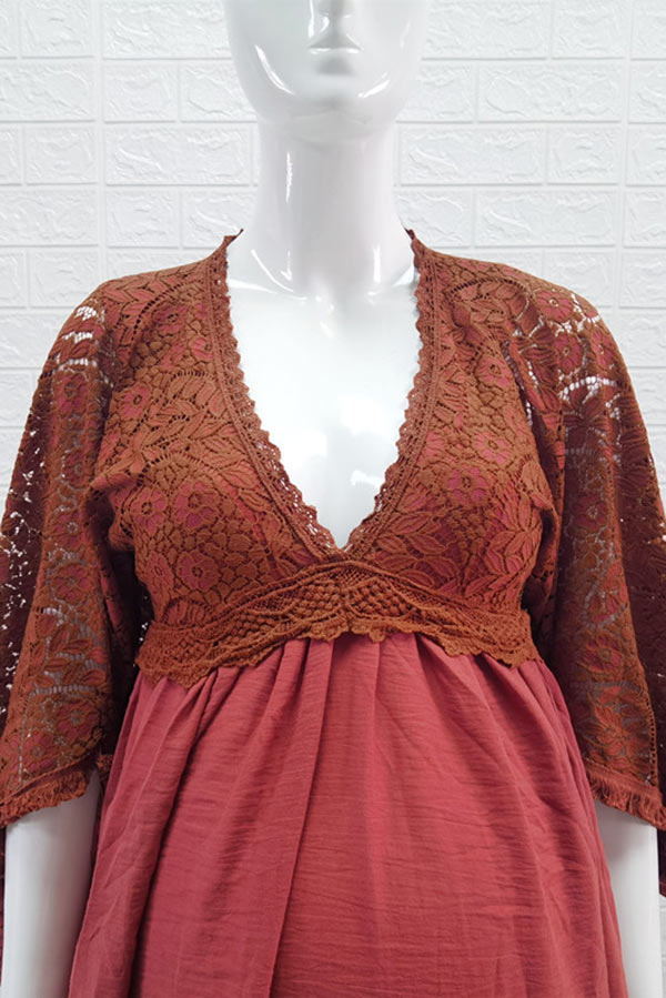 Boho Vintage Lace Maxi Maternity Long Dress Photoshoot Gown, Rust Red / XL Boho Vintage Lace Maxi Maternity Long Dress Photoshoot Gown, Rust Red / XL
