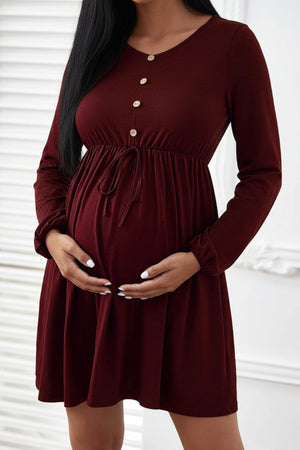 Casual Maternity Buttoned Short Dress With Sleeves