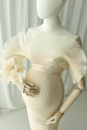 Champagne Pleated Hand-made Flower Maternity Photoshoot Dress