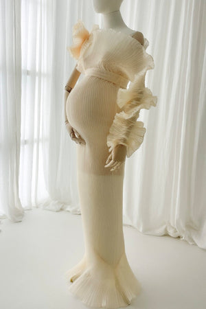 Champagne Pleated Hand-made Flower Maternity Photoshoot Dress