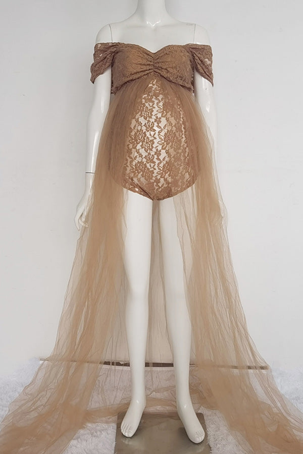 Chic Lace Cap Sleeves Maternity Bodysuit Dress, Champagne / XL Chic Lace Cap Sleeves Maternity Bodysuit Dress, Champagne / XL