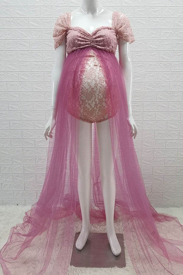 Chic Lace Cap Sleeves Maternity Bodysuit Dress, Pink / XL Chic Lace Cap Sleeves Maternity Bodysuit Dress, Pink / XL