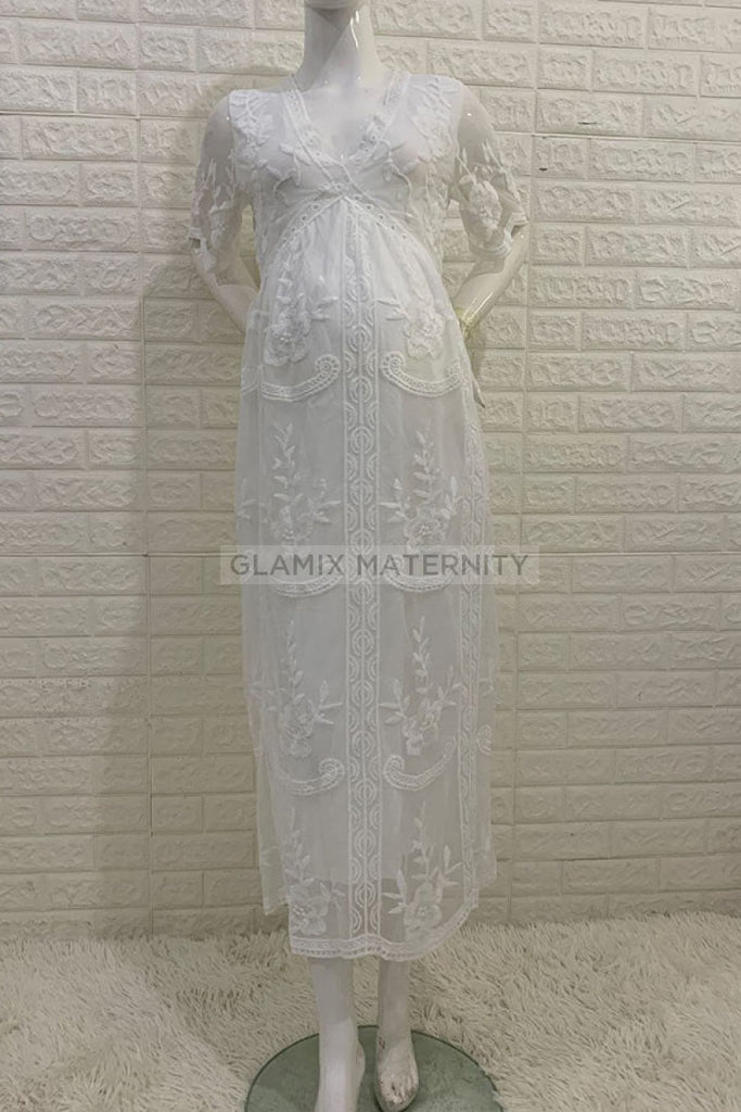 Chic Lace Short Sleeves Maternity Holiday Midi Dress, White / L Chic Lace Short Sleeves Maternity Holiday Midi Dress, White / L