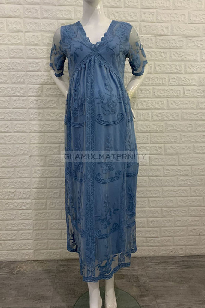 chinese dress ladies Comfy Lace Short Maternity Dress with Sleeves, Light Sky Blue / 2XL chinese dress ladies Comfy Lace Short Maternity Dress with Sleeves, Light Sky Blue / 2XL