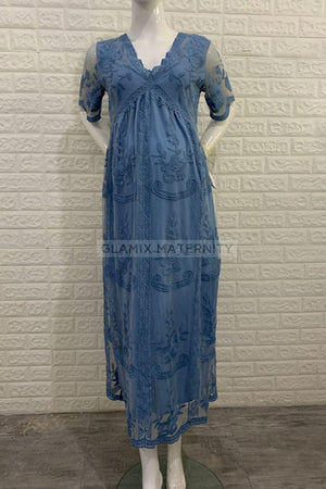 Chic Lace Short Sleeves Maternity Holiday Midi Dress