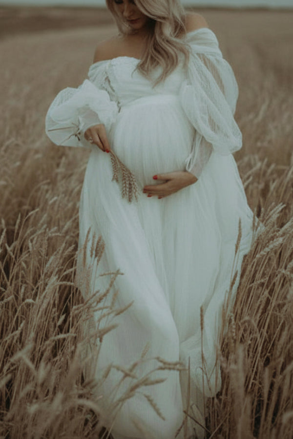Custom Ivory Off-the-shoulder Pleated Maternity Photoshoot Dress, Ivory / 3XL