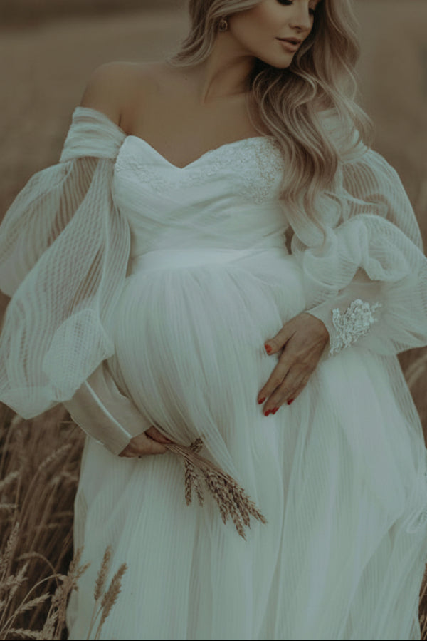 Custom Ivory Off-the-shoulder Pleated Maternity Photoshoot Dress, Ivory / 3XL Custom Ivory Off-the-shoulder Pleated Maternity Photoshoot Dress, Ivory / 3XL
