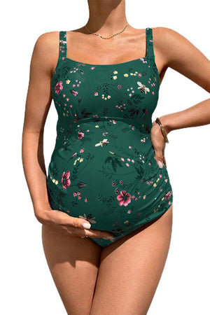Dark Green Printed One-piece High Waist Maternity Swimsuit
