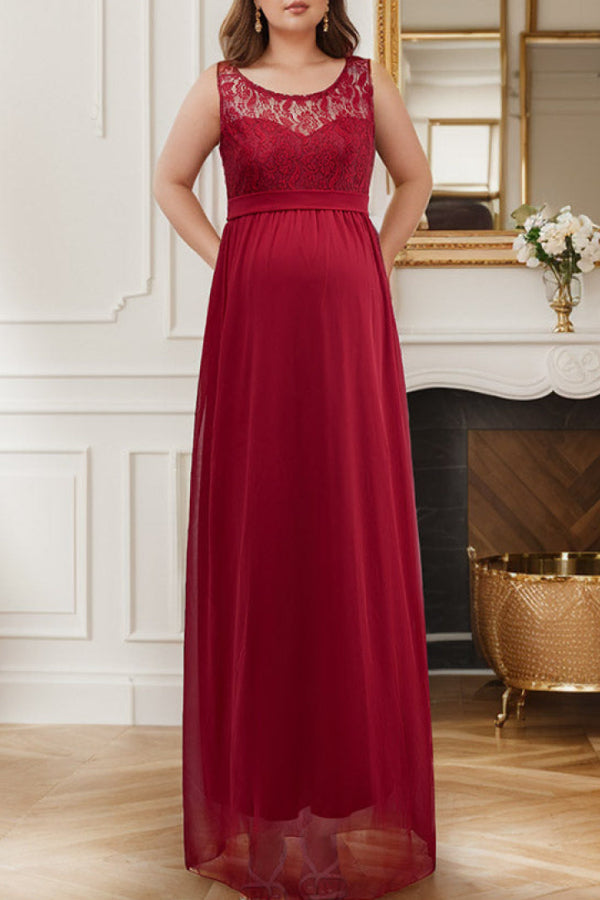 Elegant Long Lace Maternity Maxi Dress, Burgundy / XL