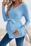 Fashion Long-Sleeve Belted Knit Maternity Top