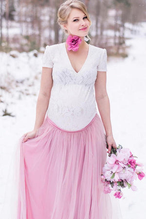 White Matenrity Lace Bodusuit +Pink Tulle Skirt Two Pieces