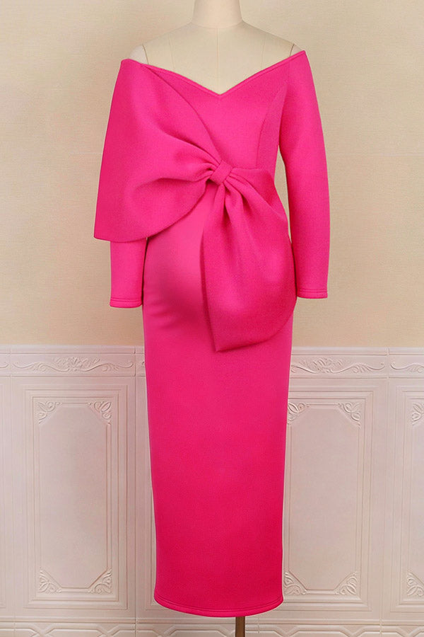 Fuchsia Plus Size Off-the-shoulder Maternity Baby Shower Dress, Fuchsia / 3XL Fuchsia Plus Size Off-the-shoulder Maternity Baby Shower Dress, Fuchsia / 3XL