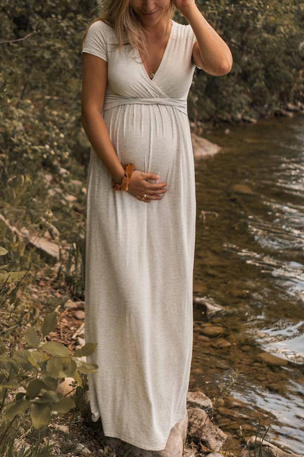 Gray Short Sleeves V-neck Maternity Dress Baby Shower Dress, Gray / M