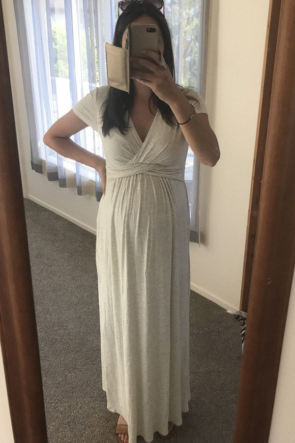 Gray Short Sleeves V-neck Maternity Dress Baby Shower Dress