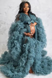 Ink Blue Ruffled Tulle Long Sleeves Maternity Photoshoot Gown