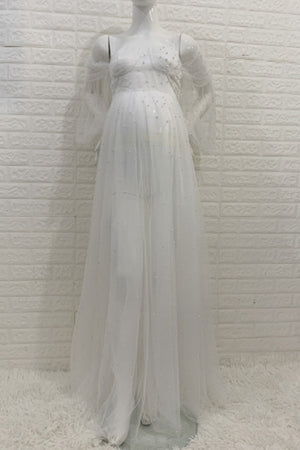 Ivory Beaded Tulle See-through Maternity Photoshoot Dress