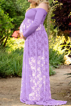 Lace Off Shoulder See-through Maternity Photoshoot Long Dress