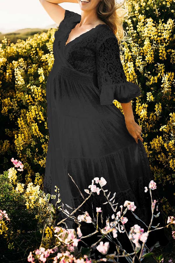 Lace Puffy Sleeves Maxi Maternity Beach Photoshoot Dress, Black / M Lace Puffy Sleeves Maxi Maternity Beach Photoshoot Dress, Black / M