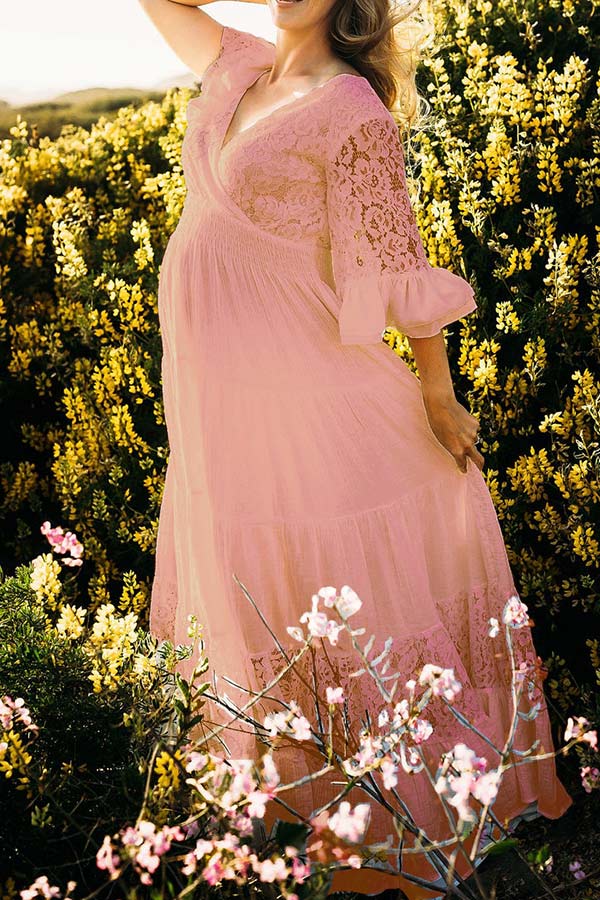 Lace Puffy Sleeves Maxi Maternity Beach Photoshoot Dress, Pink / XL Lace Puffy Sleeves Maxi Maternity Beach Photoshoot Dress, Pink / XL