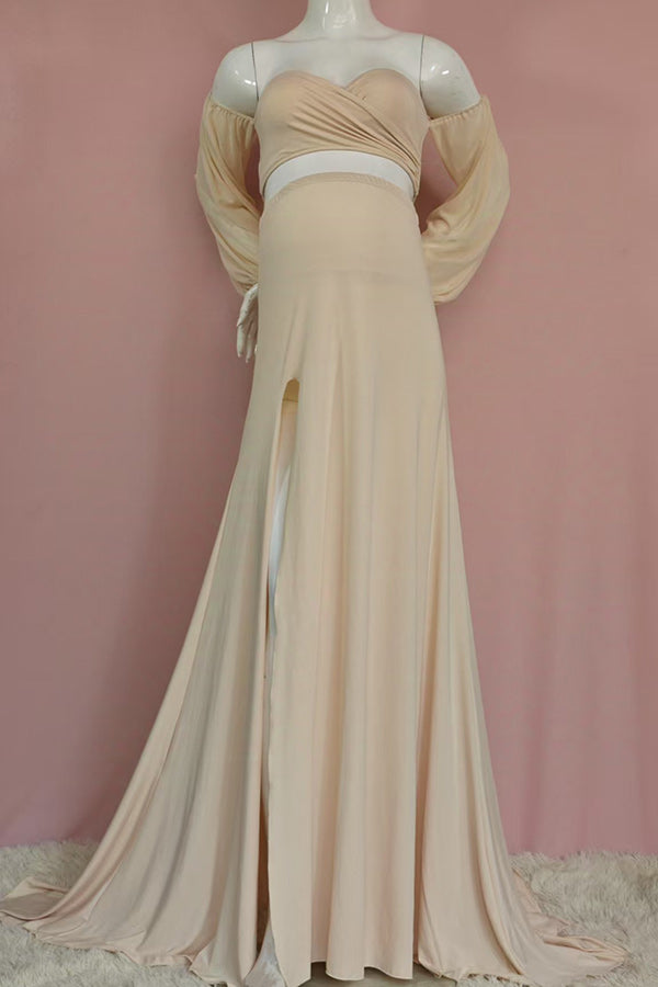 New Champagne Two-Piece Strapless Maternity Photoshoot Dress, Champagne / XL New Champagne Two-Piece Strapless Maternity Photoshoot Dress, Champagne / XL