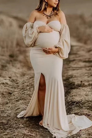 New Champagne Two-piece Strapless Maternity Photoshoot Dress