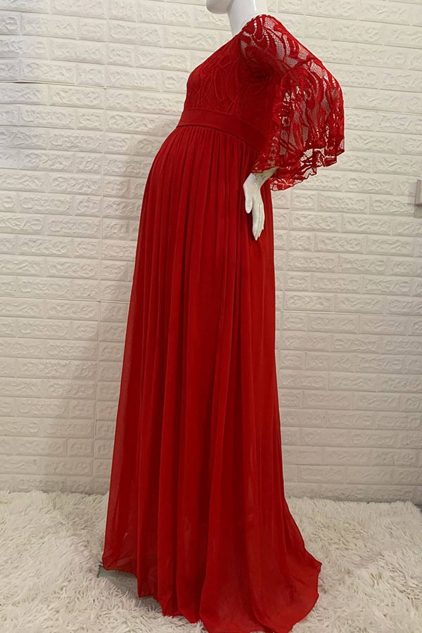 Chiffon Lace Maternity Dress Puffy Sleeves Pregnancy Gown Glamix Maternity Chiffon Lace Maternity Dress Puffy Sleeves Pregnancy Gown Glamix Maternity