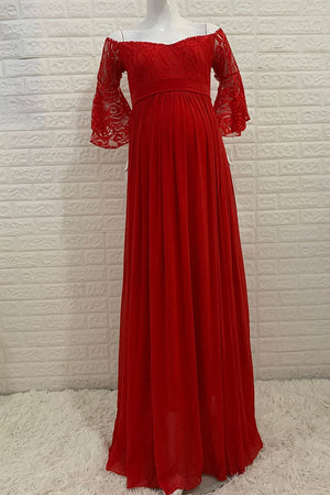 Chiffon Lace Maternity Dress Puffy Sleeves Pregnancy Gown