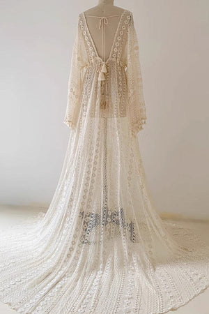 White Vintage Boho Lace See-through Maternity Photoshoot Dress