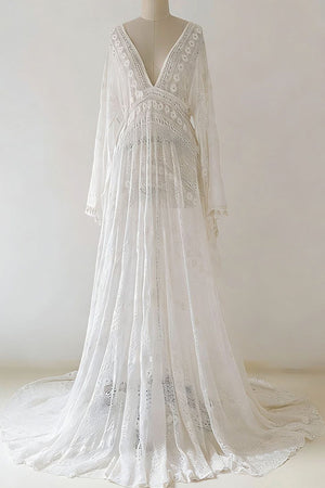 White Vintage Boho Lace See-through Maternity Photoshoot Dress