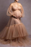 Nude Soft Tulle Strapless Maternity Photoshoot Gown