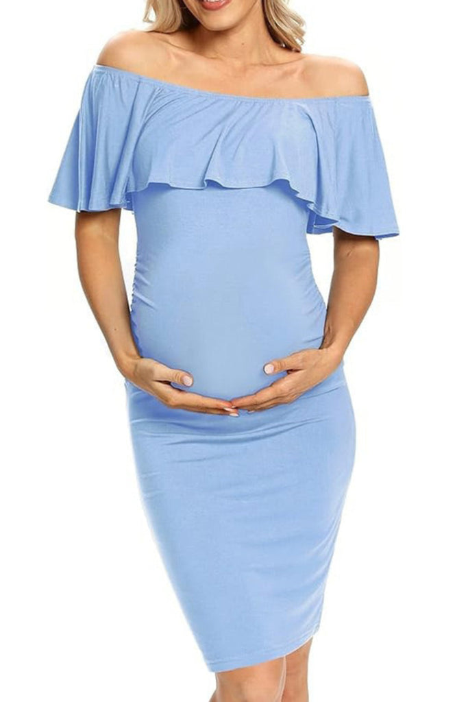 Off Shoulder Fitted Ruffled Short Maternity Dress Off Shoulder Fitted Ruffled Short Maternity Dress