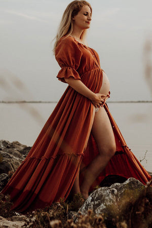 Off-the-shoulder Puffy Sleeves Vintage Maternity Dress