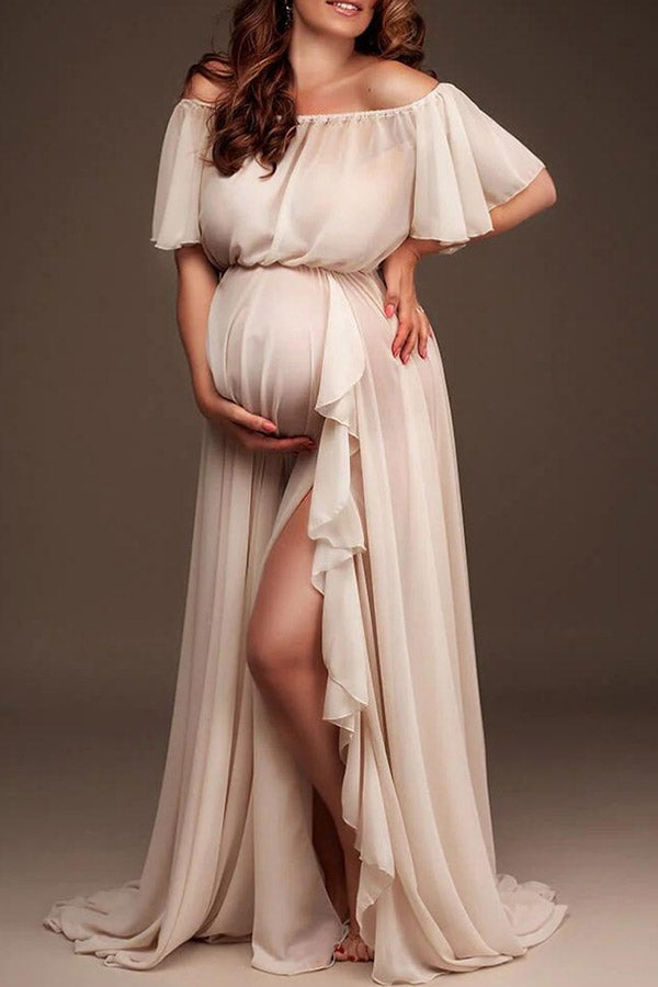 Off-the-shoulder Sheer High Slit Maxi Maternity Dress Glamix Maternity Off-the-shoulder Sheer High Slit Maxi Maternity Dress Glamix Maternity