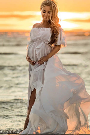 Off-the-shoulder Sheer High Slit Maxi Maternity Dress