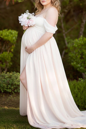 Off-the-shoulder Two-tone High Slit Maternity Photoshoot Dress