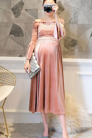 Off-the-shoulder Velvet Short Maternity Dress