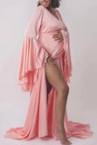 Pink High Slit Wrap Maternity Dress Baby Shower Dress