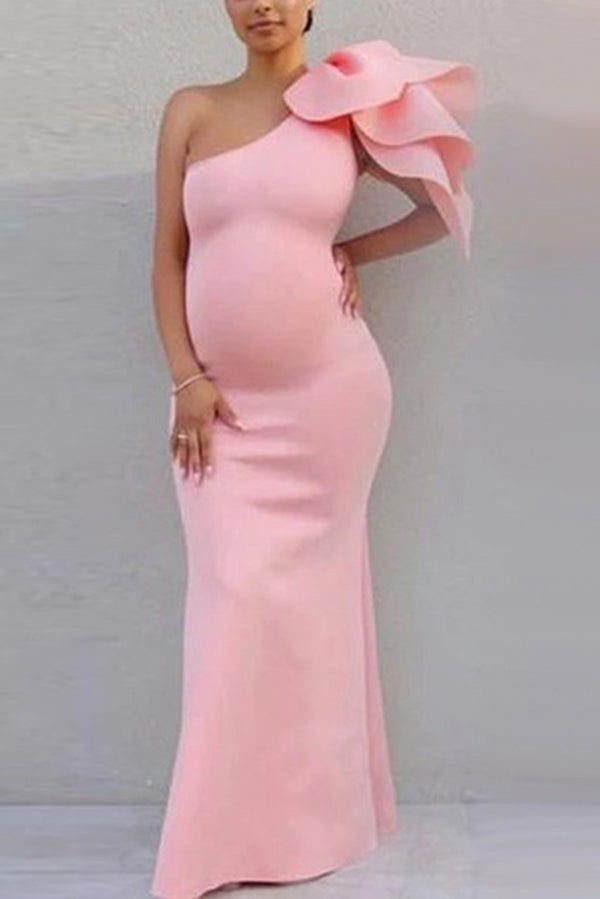 Pink One-shoulder Fitted Maternity Photoshoot Dress