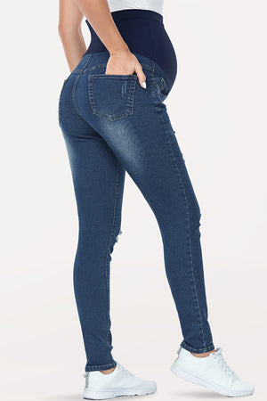 Ripped Indigo Blue High Waist Slim Stretchy Maternity Jeans