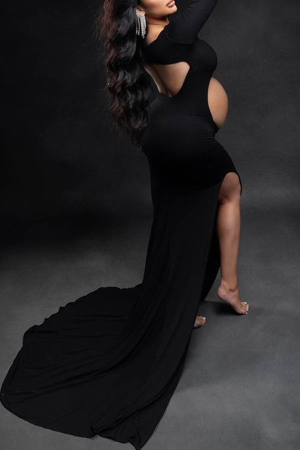 long sleeve fitted maternity dress PinkBlush Taupe V-Neck Long Sleeve Fitted Maternity Maxi Dress Medium