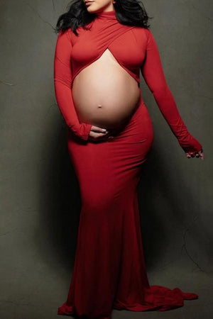 Sexy High Neck Cutout Long Sleeves Maternity Dress