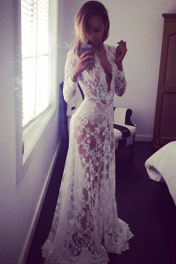 Sexy Long Sleeves Sheer Lace Maternity Baby Shower Dress, White / L Sexy Long Sleeves Sheer Lace Maternity Baby Shower Dress, White / L