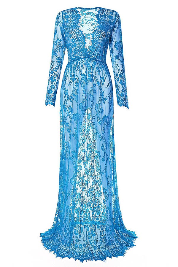 Sexy Long Seelves Sheer Lace Maternity Baby Shower Dress, Blue / S Sexy Long Seelves Sheer Lace Maternity Baby Shower Dress, Blue / S